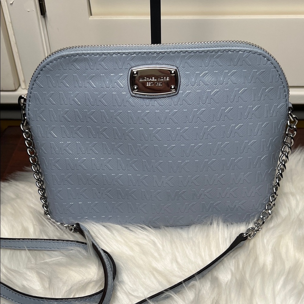 Michael Kors Light Blue Jet Set Travel Medium Signature Logo Dome Crossbody Bag